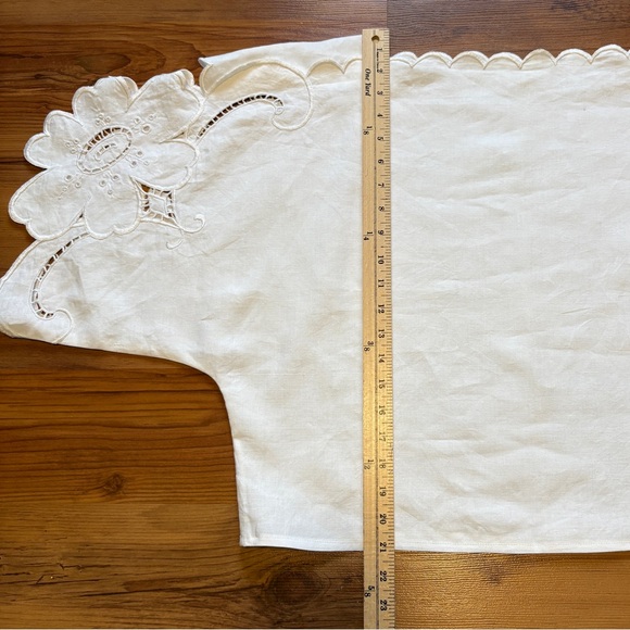Handmade Upcycled Linen Tablecloth Square Neck White Lace Sleeve Women's Top - Picture 5 of 9